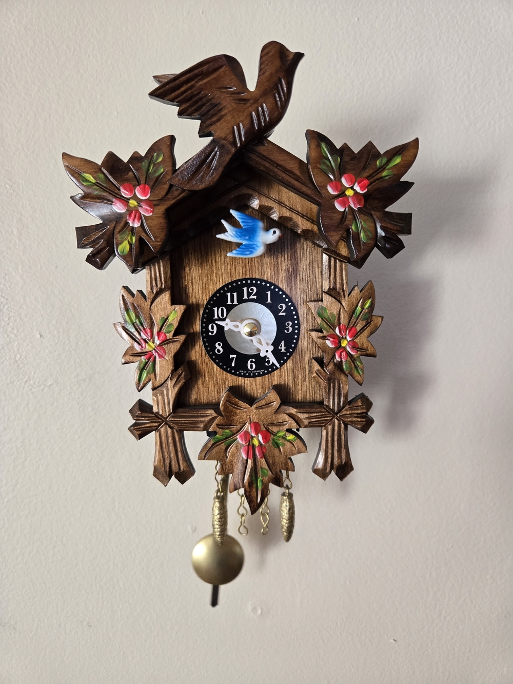 Hand-Painted Brown Wooden Mini Cuckoo Clock with Blue Bird Accent & Five Leaves